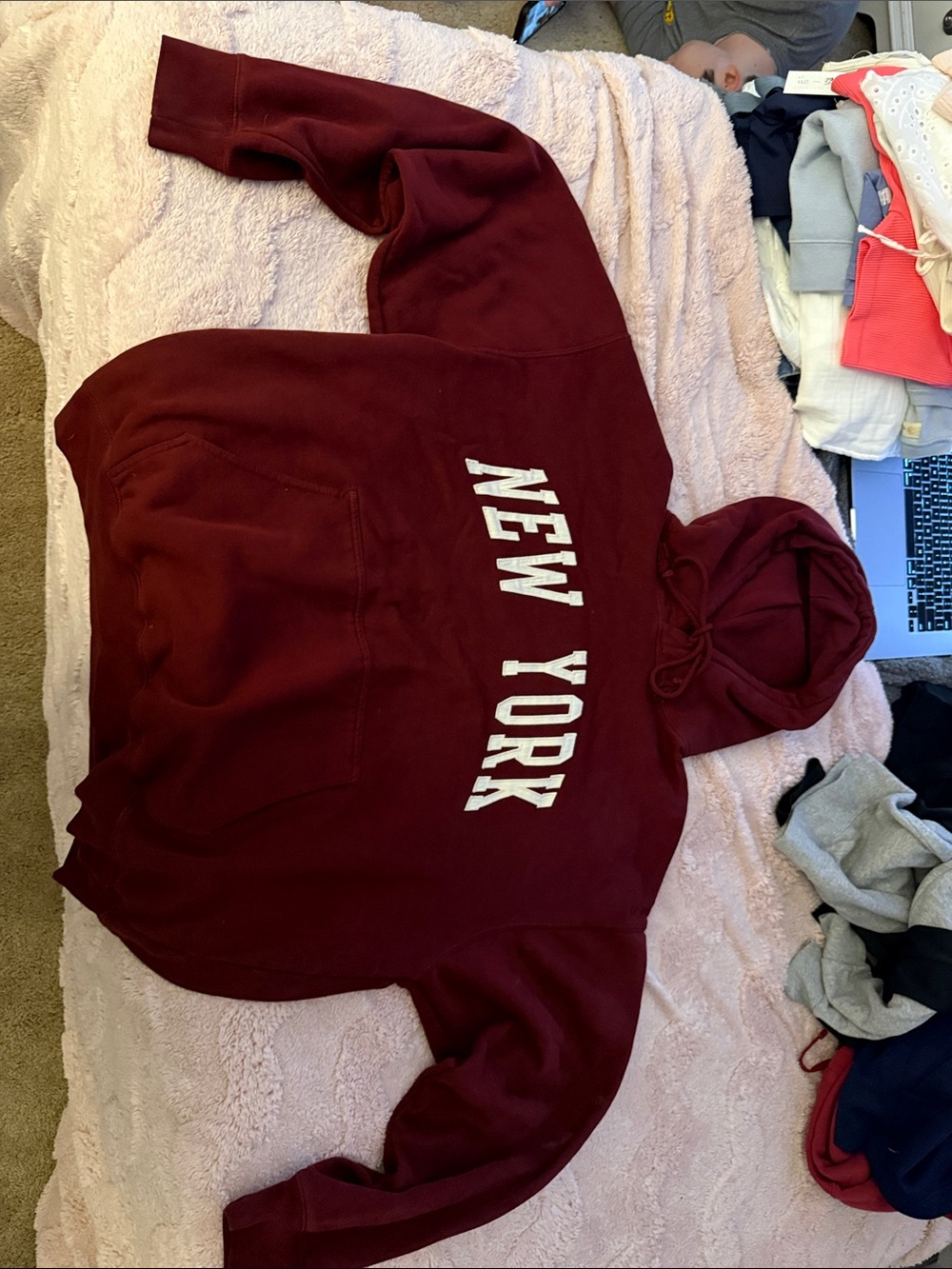 Brandy Melville Maroon Zip-Up Hoodie with White 'NEW YORK' Lettering
